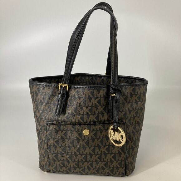 MICHAEL KORS, BLACK AND BROWN SIGNATURE PRINT SHOULDER BAG - Picture 1 of 16